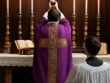 Catholics participating in Mass inside a church