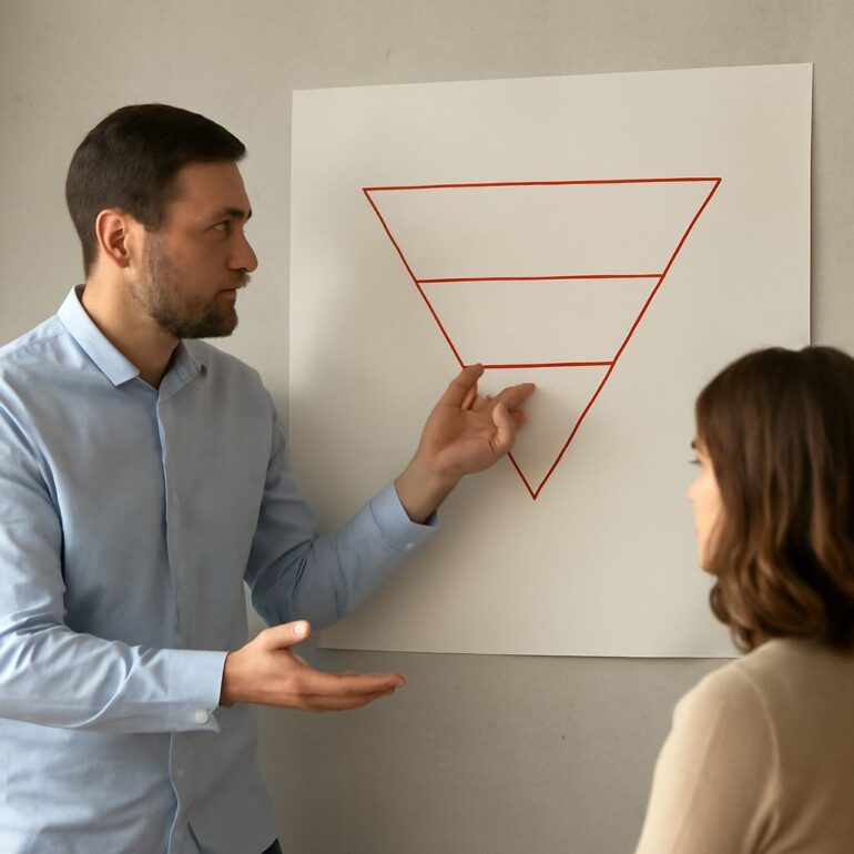 News reporter organizing an inverted pyramid story beside a photojournalist's camera