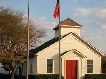 Bible and church symbols representing non-denominational and Presbyterian traditions