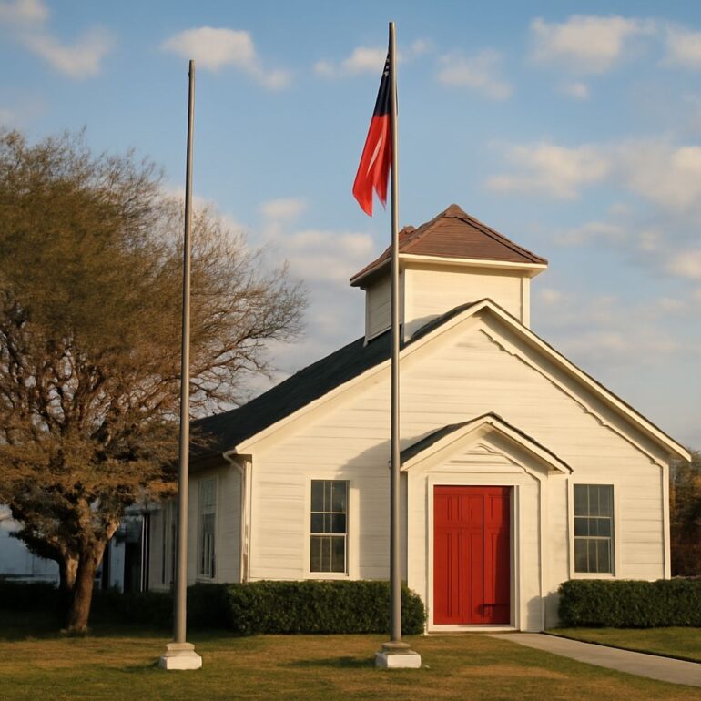 Bible and church symbols representing non-denominational and Presbyterian traditions