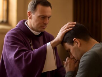An illustration of the seven Catholic sacraments with a priest hearing a confession