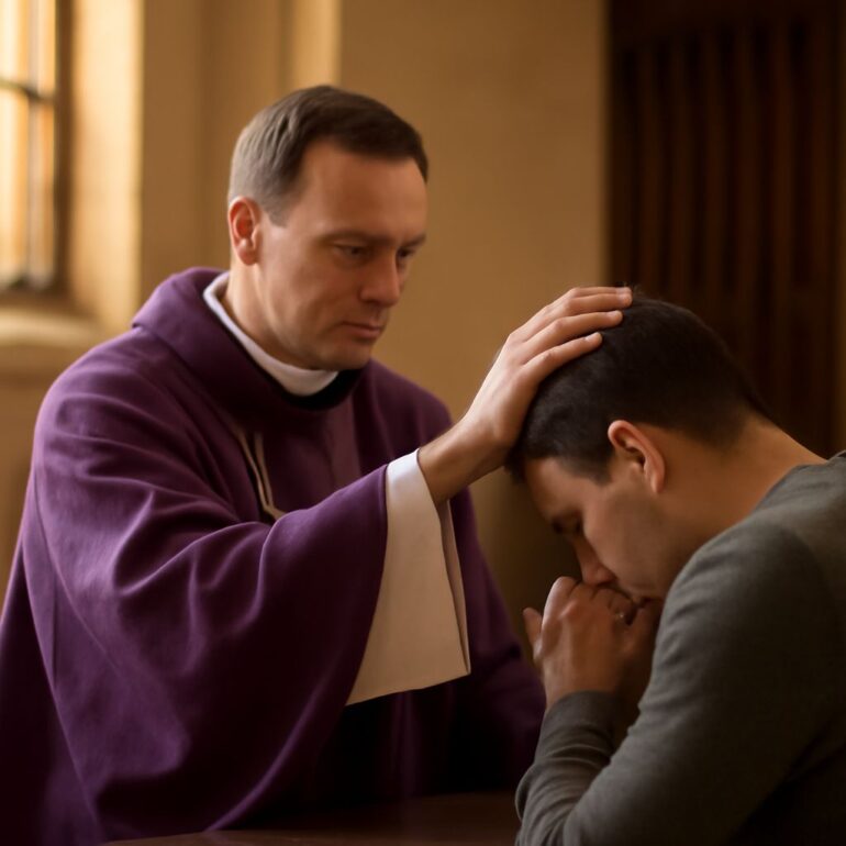 What Is a Sacrament? A Catholic Guide to Grace and Confession An illustration of the seven Catholic sacraments with a priest hearing a confession
